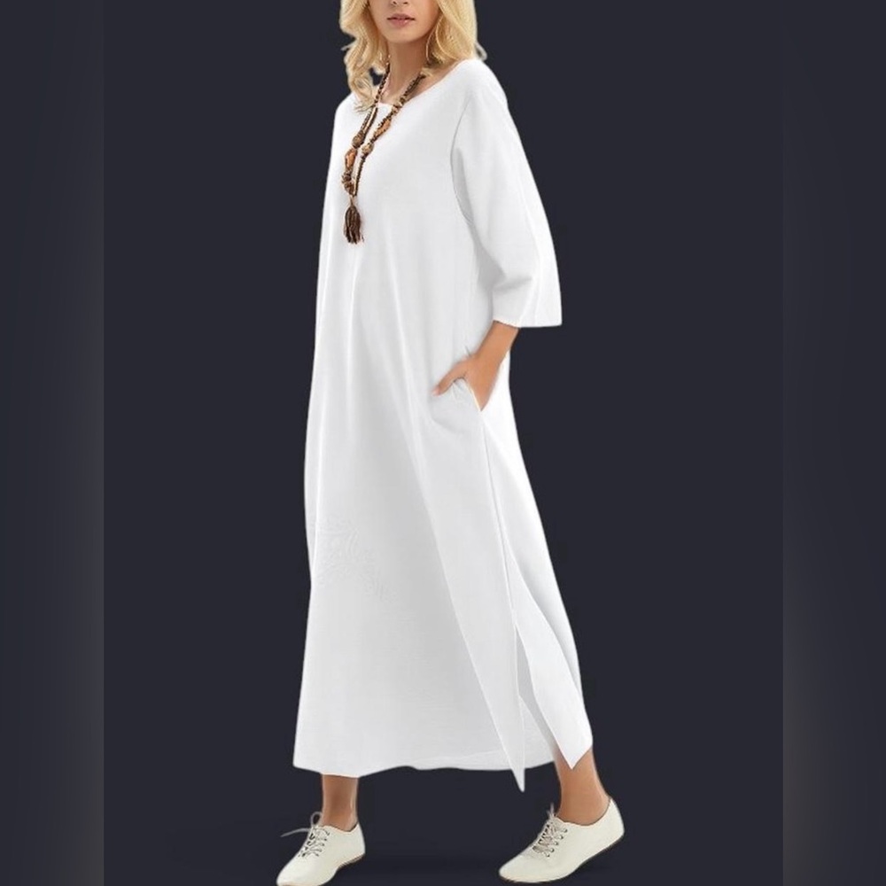 NWOT Kaftan Dress with pockets in a soft blend of cotton & linen | White | XL